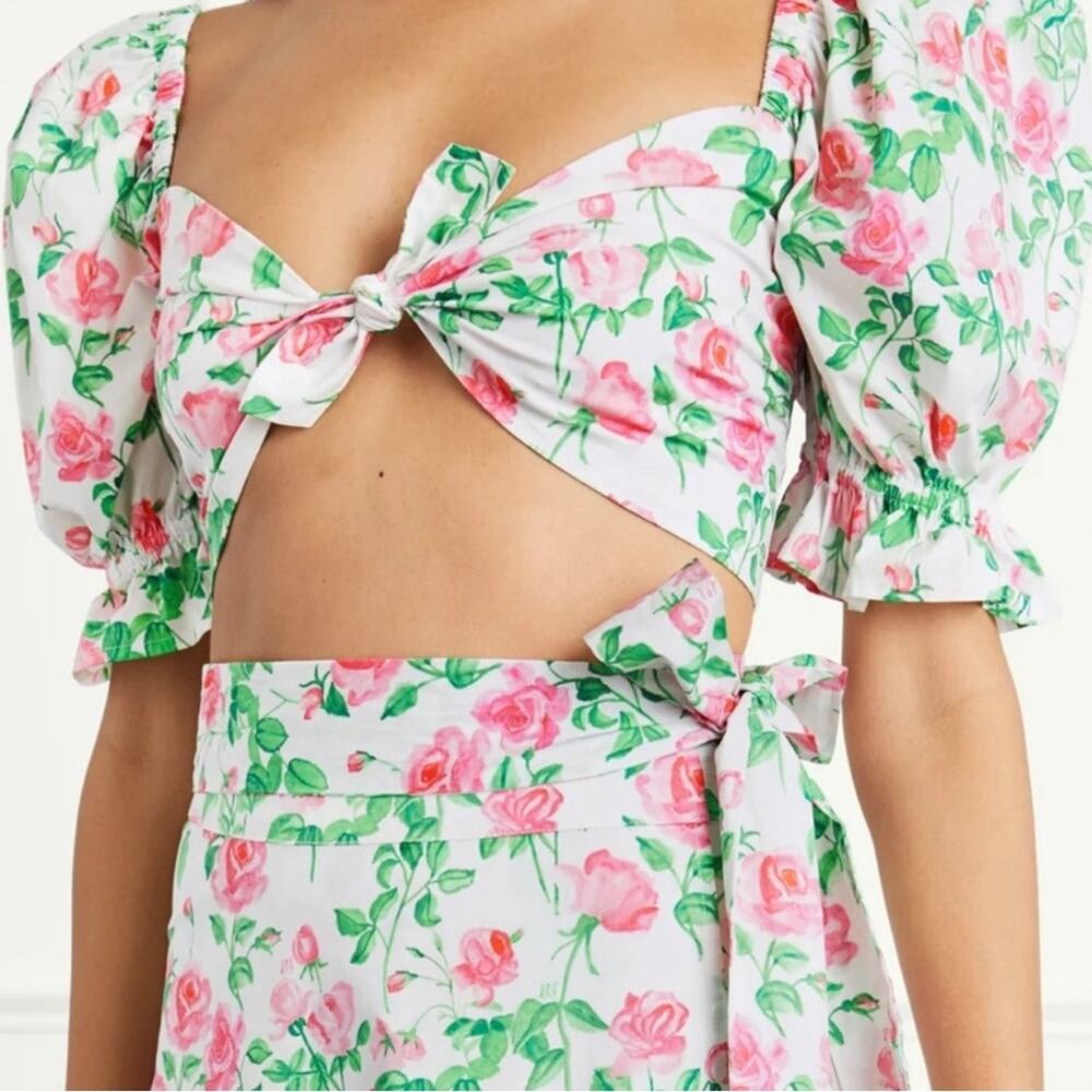 Hill House Isabella Crop Top Tie Blouse Short Puff Sleeve Pink Roses Medium NWT